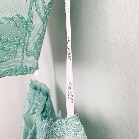Ellie Wilde by Mon Cheri Two Piece Off the Shoulder Mint Lace Formal Maxi Dress - Picture 13 of 15